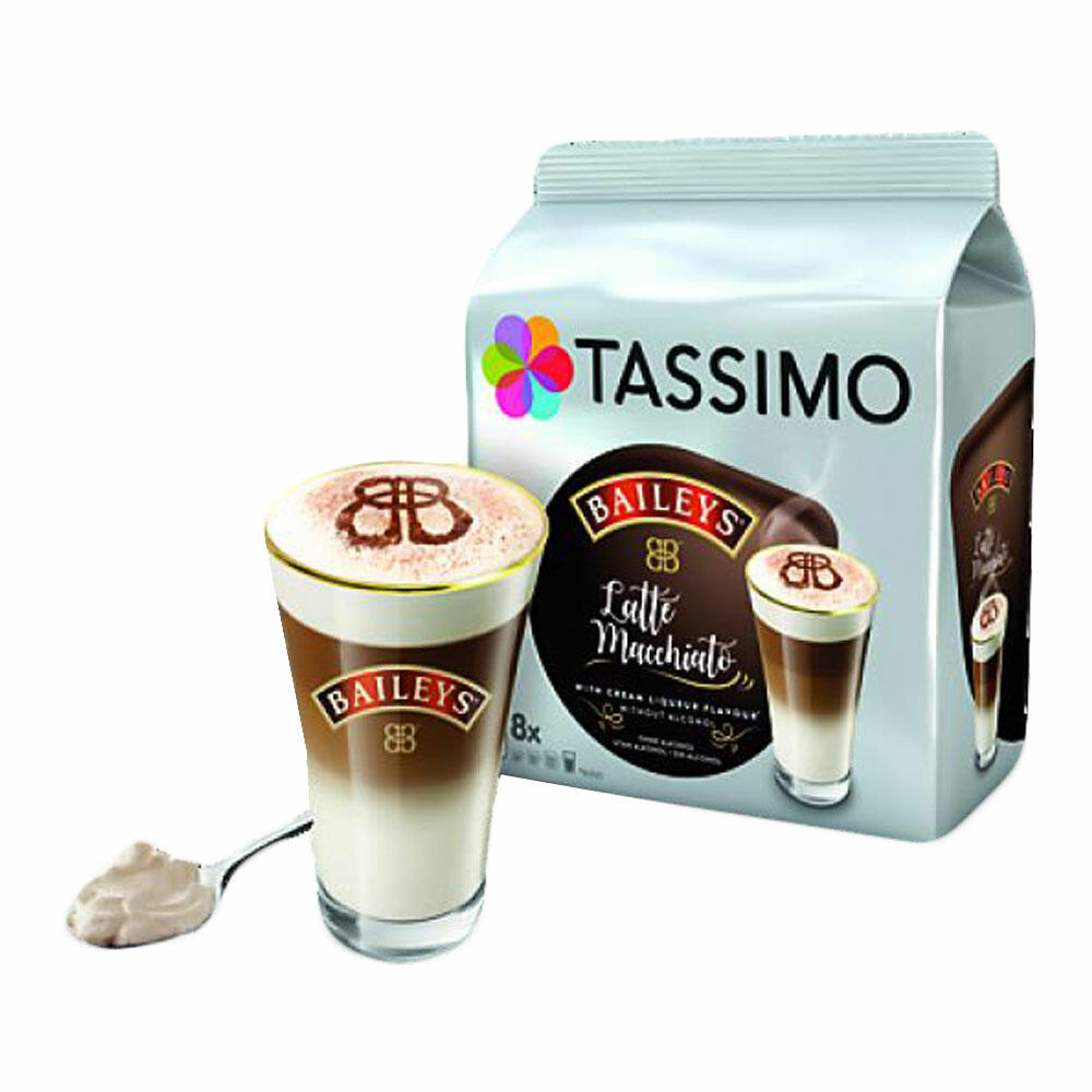Tassimo Latte Macchiato Baileys Geschenkset mit Glas, 5-tlg, Kaffee mit Sahneliköraroma, Kaffeekapsel, T-Disc, Milchkaffee