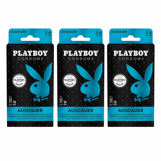 Playboy Condoms Kondome Ausdauer, Verhütungsmittel, 3-fach Effekt, mit Gleitgel gratis, 52 mm, 3 x 10 Stück
