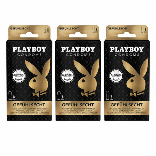 Playboy Condoms Kondome Gefühlsecht, Verhütungsmittel, Intensiv, mit Gleitgel gratis, 56 mm, 3 x 8 Stück