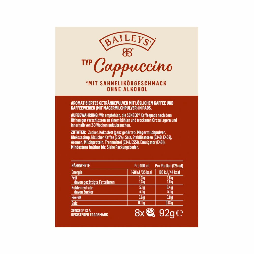 Senseo Typ Cappuccino Baileys Kaffeepads, Aromatisch, Kaffee, Löslicher Kaffee, 4 x 8 Pads