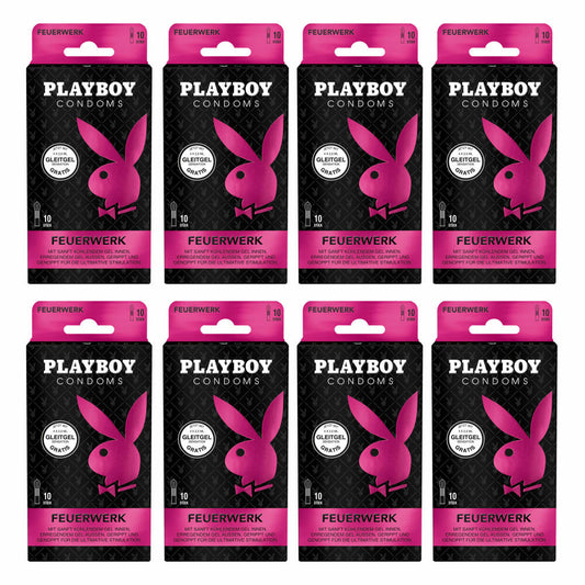 Playboy Condoms Kondome Feuerwerk, Verhütungsmittel, Ultimative Stimulation, mit Gleitgel gratis, 54 mm, 8 x 10 Stück