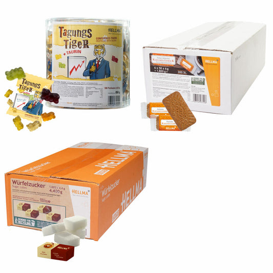 Konferenzraum-Bundle Refill, Konferenzraum-Ausstattung, Tagungstiger + Gebäck + Zuckerwürfel, Vorteils-Set