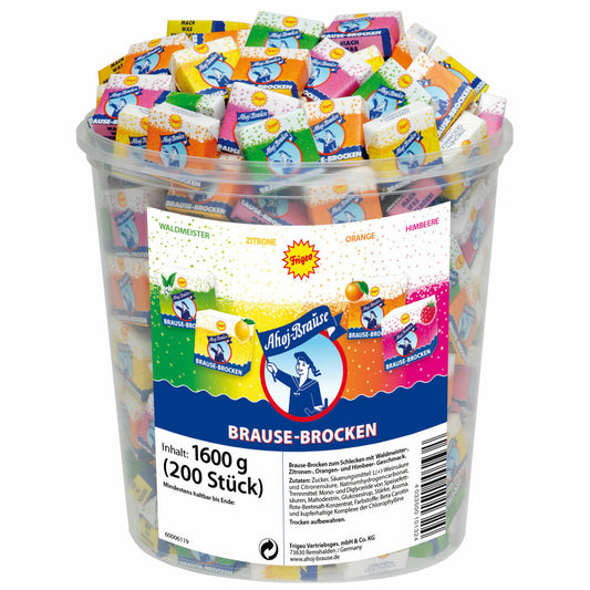 Ahoj-Brause, Brause Brocken Box, Waldmeister, Zitrone, Orange, Himbeere, 200 Stück, 1600g
