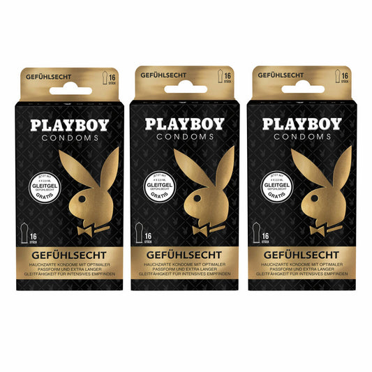 Playboy Condoms Kondome Gefühlsecht, Verhütungsmittel, Intensiv, mit Gleitgel gratis, 56 mm, 3 x 16 Stück