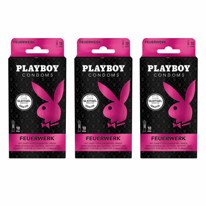 Playboy Condoms Kondome Feuerwerk, Verhütungsmittel, Ultimative Stimulation, mit Gleitgel gratis, 54 mm, 3 x 10 Stück