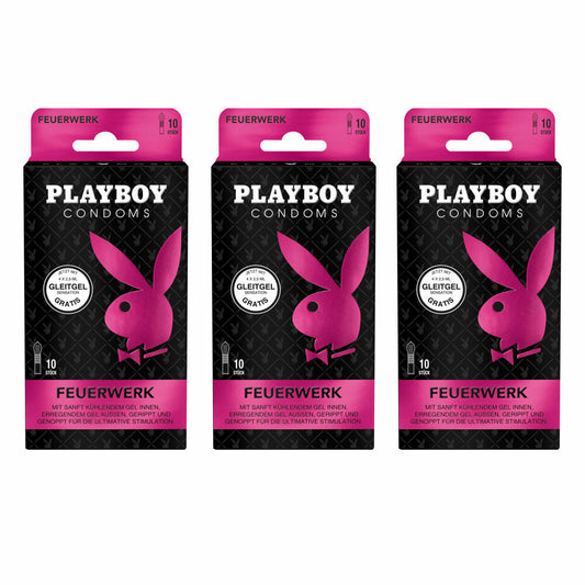 Playboy Condoms Kondome Feuerwerk, Verhütungsmittel, Ultimative Stimulation, mit Gleitgel gratis, 54 mm, 3 x 10 Stück