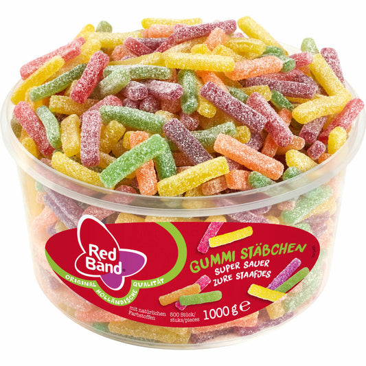 Red Band Gummi Stäbchen Super Sauer, Gummistäbchen, Fruchtgummi, Dose, 500 Stück, 1 kg