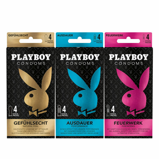 Playboy Condoms Kondome Probierset, Gefühlsecht, Ausdauer, Feuerwerk, 3 x 4 Kondome