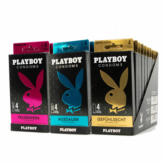 Playboy Condoms Kondome Vorratsset, Gefühlsecht, Ausdauer, Feuerwerk, 3 x 40 Kondome