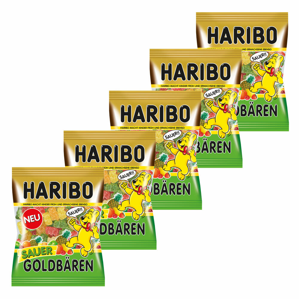 Haribo Sauer Goldbären, 5er Pack, Saures Gummibärchen Sauer, Weingummi, Fruchtgummi Sauer, Im Beutel, Tüte