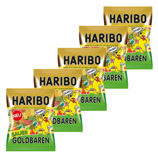Haribo Sour Gold Bears, Pack of 5, Sour Gummy Bears, Wine Gum, Fruit Gum Sour, In Bag, Bag