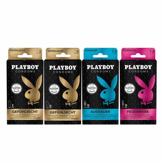 Playboy Condoms Kondome Maxi Set, Gefühlsecht, Ausdauer, Feuerwerk, Verhütungsmittel, 4 Packungen, 44 Kondome