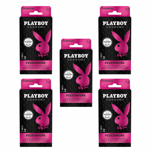 Playboy Condoms Kondome Feuerwerk, Verhütungsmittel, Ultimative Stimulation, mit Gleitgel gratis, 54 mm, 5 x 10 Stück