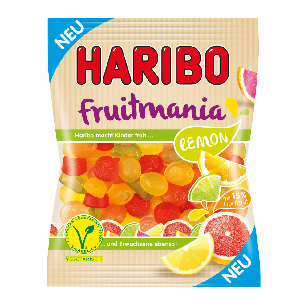 Haribo Fruitmania 4er Set, Lemon, Berry, mit Fruchtsaft, Gummibärchen, Weingummi, Fruchtgummi, im Beutel