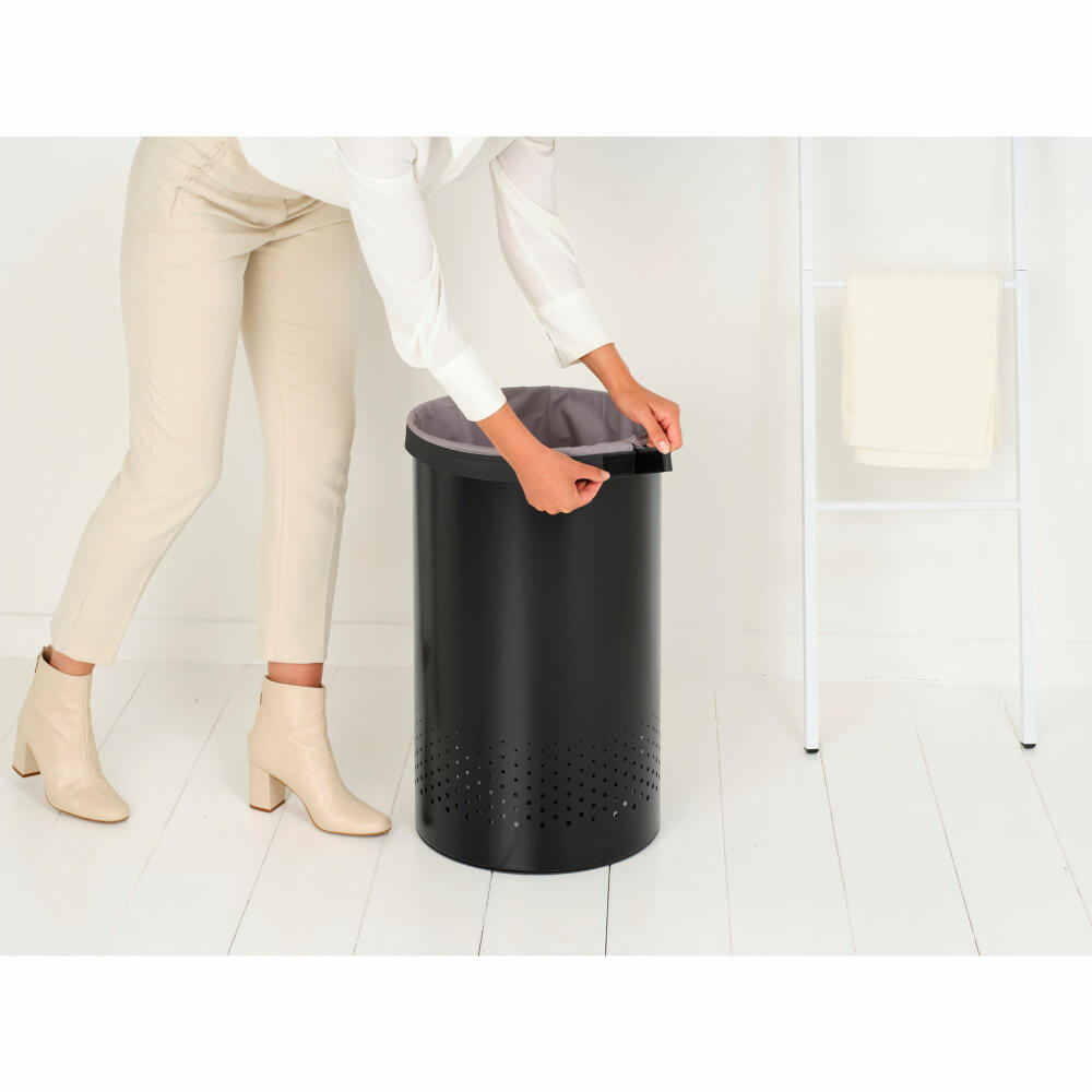 Brabantia Wäschebox, Wäschekorb, Wäschetonne, Stahl, Kunststoff, Matt Black, 60 L, 242380