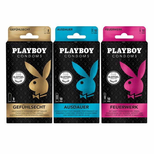 Playboy Condoms Kondome Sortenvielfalt Set, Gefühlsecht, Ausdauer, Feuerwerk, Verhütungsmittel, 3 Sorten, 28 Kondome