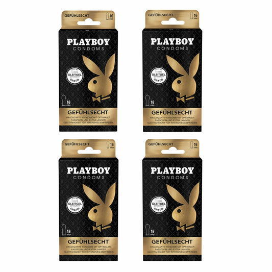 Playboy Condoms Kondome Gefühlsecht, Verhütungsmittel, Intensiv, mit Gleitgel gratis, 56 mm, 4 x 16 Stück