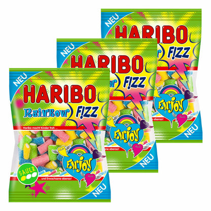 Haribo Rainbow Fizz, 3er Set, Gummibärchen, Weingummi, Fruchtgummi, Sauer, 3 Beutel zu je 175 g