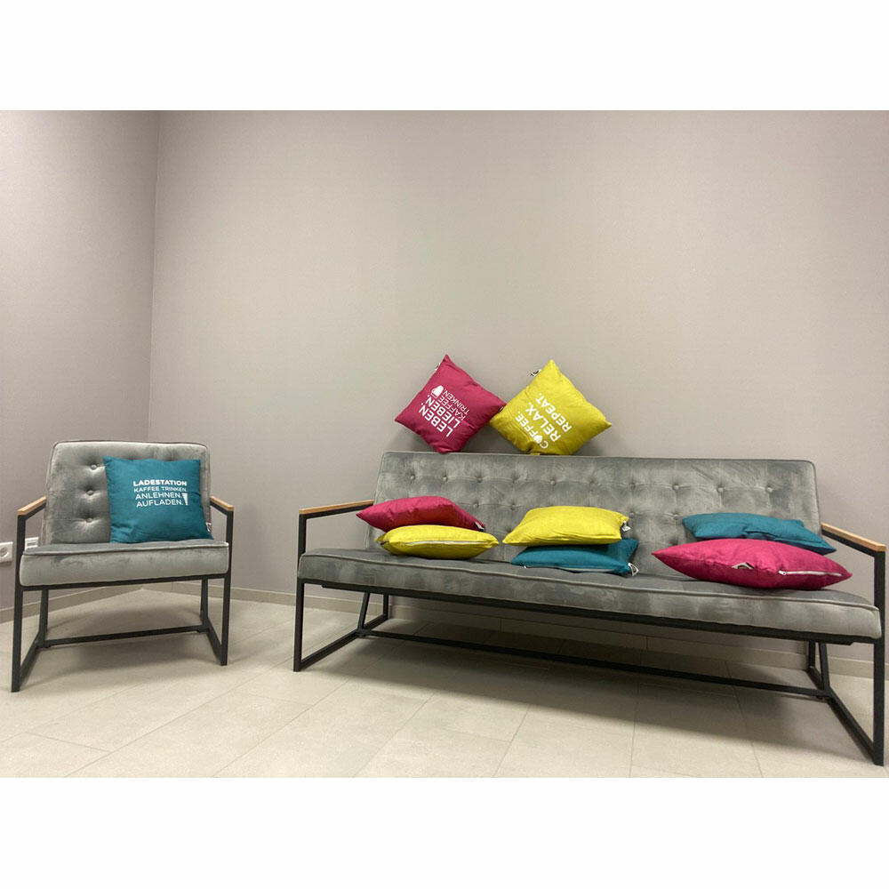 Nescafé Dolce Gusto cushions, set of 3, with lettering, decorative cushions, polyester, pink / light green / turquoise, approx. 40 x 40 cm