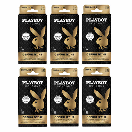 Playboy Condoms Kondome Gefühlsecht, Verhütungsmittel, Intensiv, mit Gleitgel gratis, 56 mm, 6 x 16 Stück