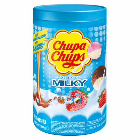 Chupa Chups Milky Lutscher Lolli, 100 Stück in Cap and Flag Dose, 1200g