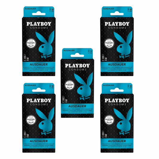 Playboy Condoms Kondome Ausdauer, Verhütungsmittel, 3-fach Effekt, mit Gleitgel gratis, 52 mm, 5 x 10 Stück