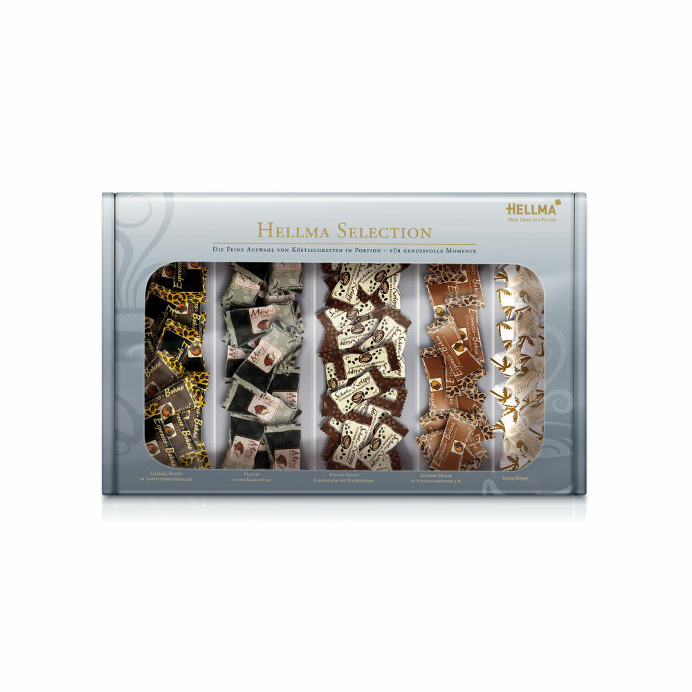 Hellma Selection, Schoko-Krispy, Mandel in Kakaohülle, Espresso-Bohne in Zartbitterschokolade, Espresso-Bohne in Vollmilchschokolade, Kokos-Krispy, 200 Einzelportionen, 5 Sorten je 40 Portionen