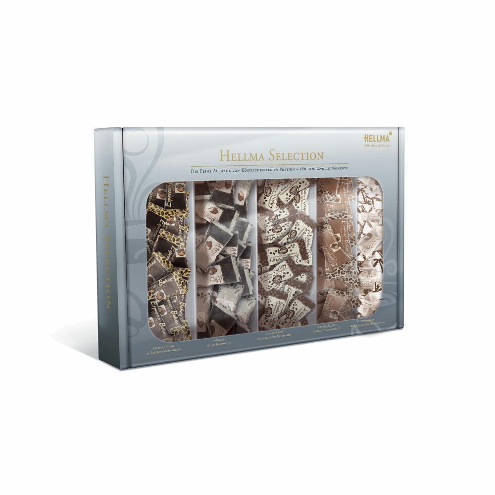 Hellma Selection, Schoko-Krispy, Mandel in Kakaohülle, Espresso-Bohne in Zartbitterschokolade, Espresso-Bohne in Vollmilchschokolade, Kokos-Krispy, 200 Einzelportionen, 5 Sorten je 40 Portionen