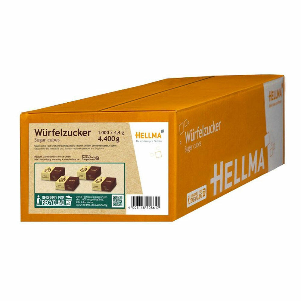 Hellma Würfelzucker in Nachhaltiger Verpackung, Zucker, Portionszucker, Feinzucker, Zuckerwürfel, für Gastro, Hotel, Büro, Kantine, 1000 Stück à 4.40 g