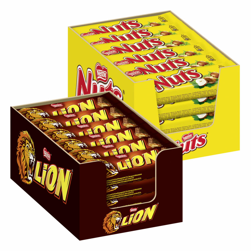 Nestlé Nuts Lion 2er Set, Schokoriegel, Schokoladen Riegel, Schokolade, Karamell, Haselnuss Füllung, insgesamt 48 Riegel