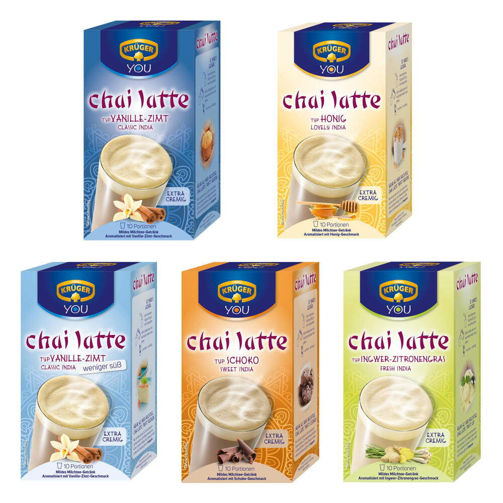 Krüger Chai Latte 5er Set, mildes Milchtee Getränk, fünf verschieden Sorten