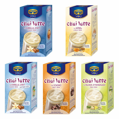 Krüger Chai Latte 5er Set, mildes Milchtee Getränk, fünf verschieden Sorten