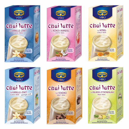 Krüger Chai Latte 6er Set II, mildes Milchtee Getränk, Milch Tee, sechs unterschiedliche Sorten