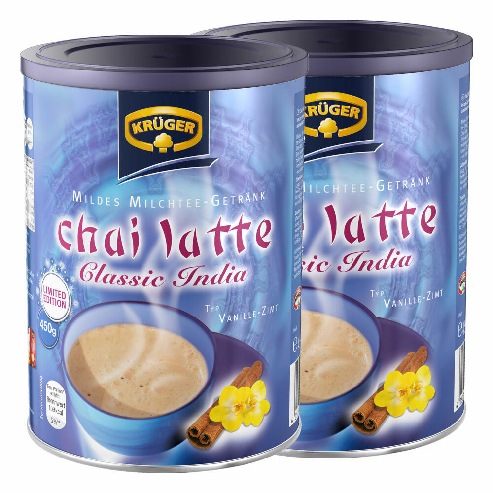 Krüger Chai Latte Classic India Vanille-Zimt, Milchtee, Teepulver, Instant Tee, 2 x Dose, 8971