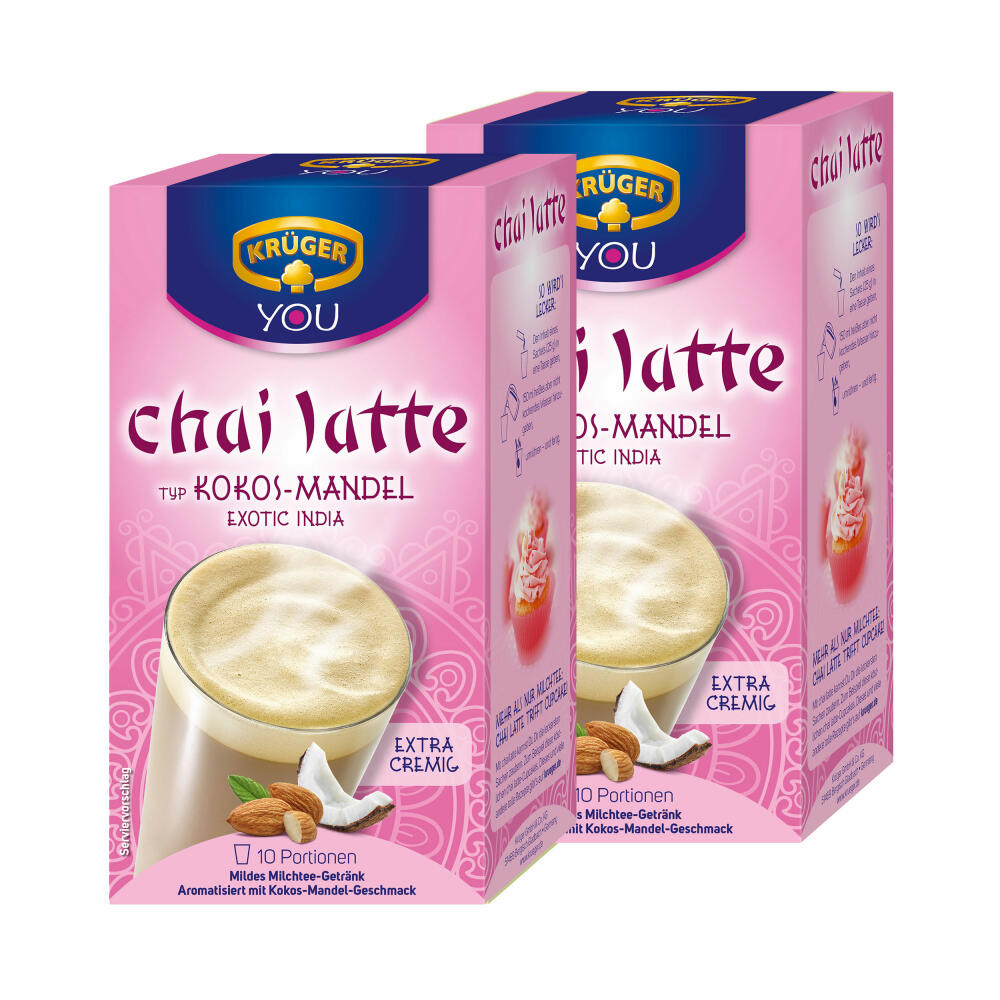 Krüger Chai Latte Exotic India, Kokos-Mandel, mildes Milchtee Getränk, 20 Portionsbeutel