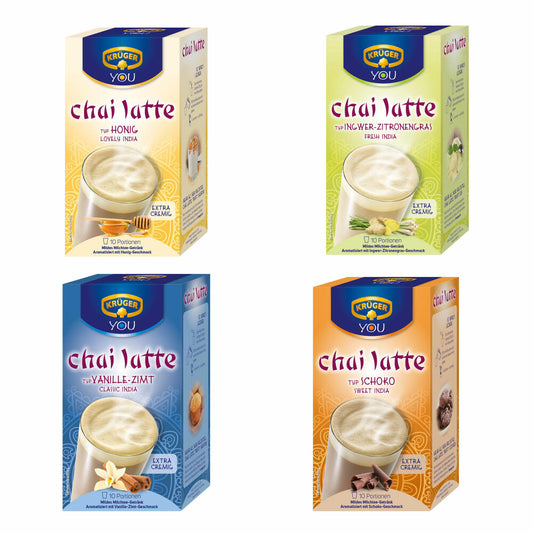 Krüger Chai Latte 4er Set, mildes Milchtee Getränk, vier verschieden Sorten