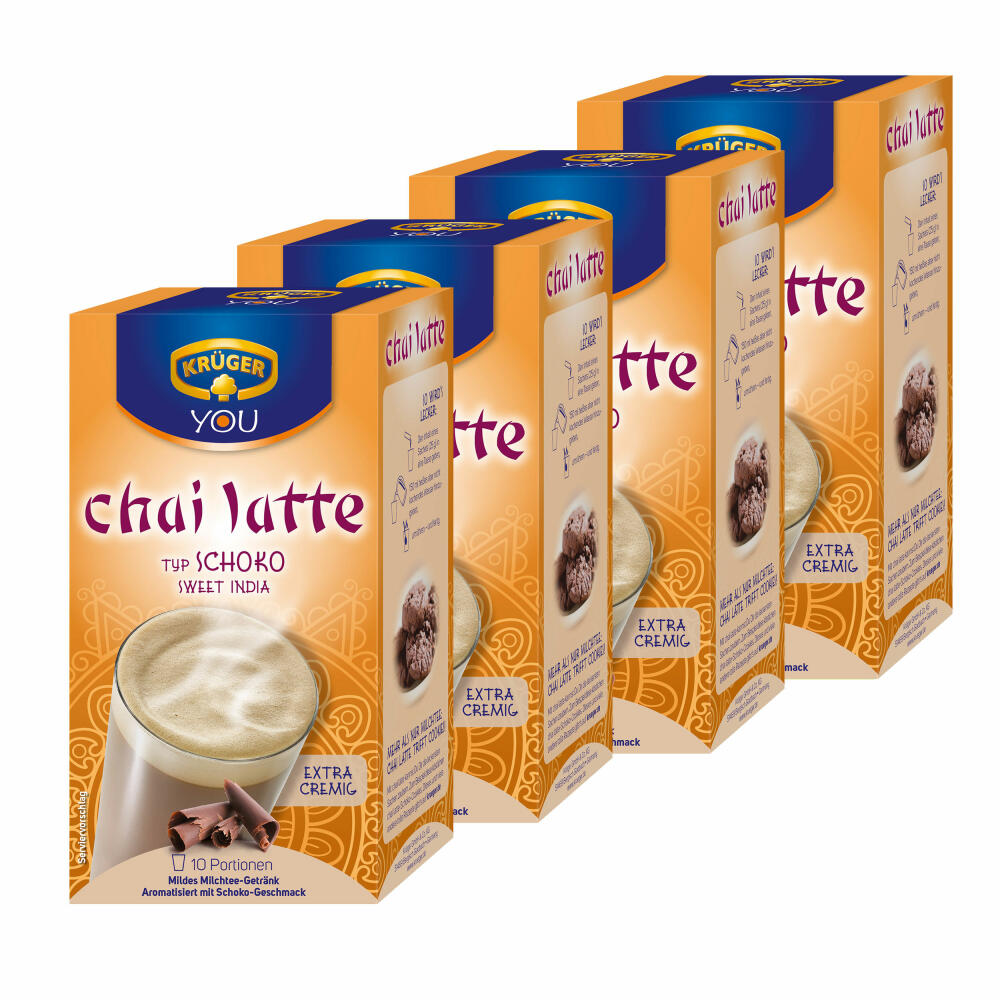 Krüger Chai Latte Sweet India, Schoko, mildes Milchtee Getränk, 4er Pack, 4 x 10 Portionsbeutel