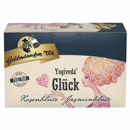 Goldmännchen Yogiveda Glück, Rosenblüte Jasminblüte, Ayurvedische Früchte-Kräuterteemischung, Früchtetee, Früchte Tee, mit natürlichen Zutaten, 20 Teebeutel, X04267