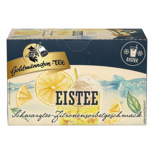 Goldmännchen Eistee Schwarztee Zitronensorbet, Schwarz Tee, mit Koffein, aromatisiert mit Zitronengeschmack, 20 Teebeutel, X04278