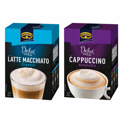 Krüger Dolce Vita Cappuccino und Latte Macchiato Set, mit 2 Sorten, Classic und Amaretto, Milch Kaffee aus löslichem Bohnenkaffee, 20 Portionsbeutel, 429 g