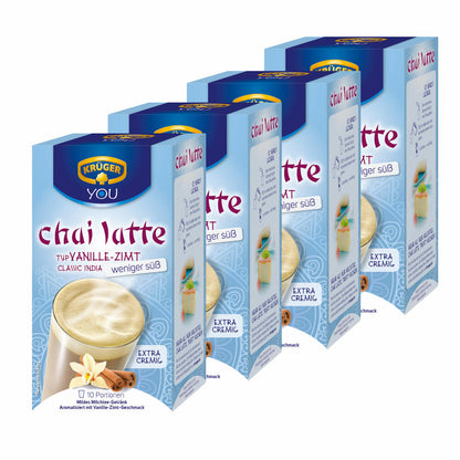 Krüger Chai Latte Classic India weniger süß, Vanille-Zimt, mildes Milchtee Getränk, 4er Pack, 4 x 10 Portionsbeutel