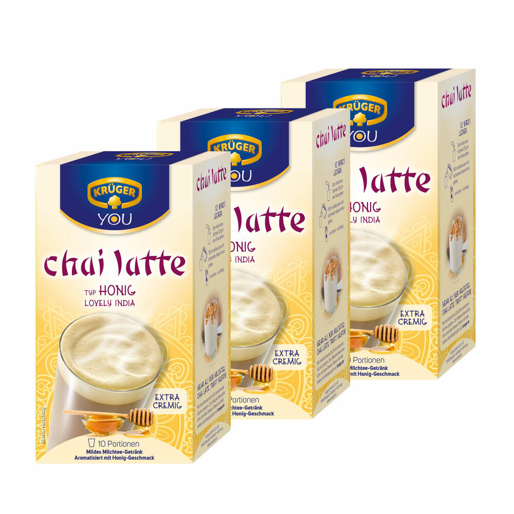 Krüger Chai Latte Lovely India, Honig-Geschmack, mildes Milchtee Getränk, 3er Pack, 3 x 10 Portionsbeutel