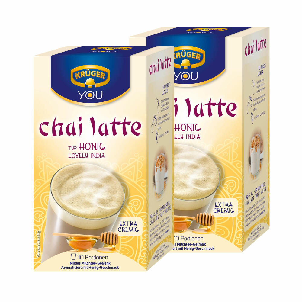 Krüger Chai Latte Lovely India, Honig-Geschmack, mildes Milchtee Getränk, 2er Pack, 2 x 10 Portionsbeutel