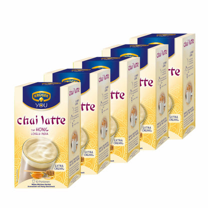 Krüger Chai Latte Lovely India, Honig-Geschmack, mildes Milchtee Getränk, 5er Pack, 5 x 10 Portionsbeutel
