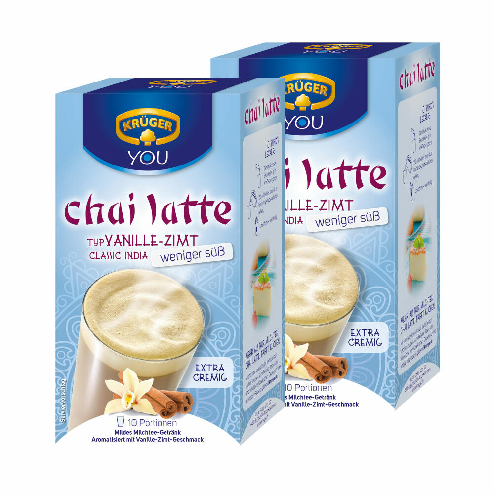 Krüger Chai Latte Classic India weniger süß, Vanille-Zimt, mildes Milchtee Getränk, 2er Pack, 2 x 10 Portionsbeutel