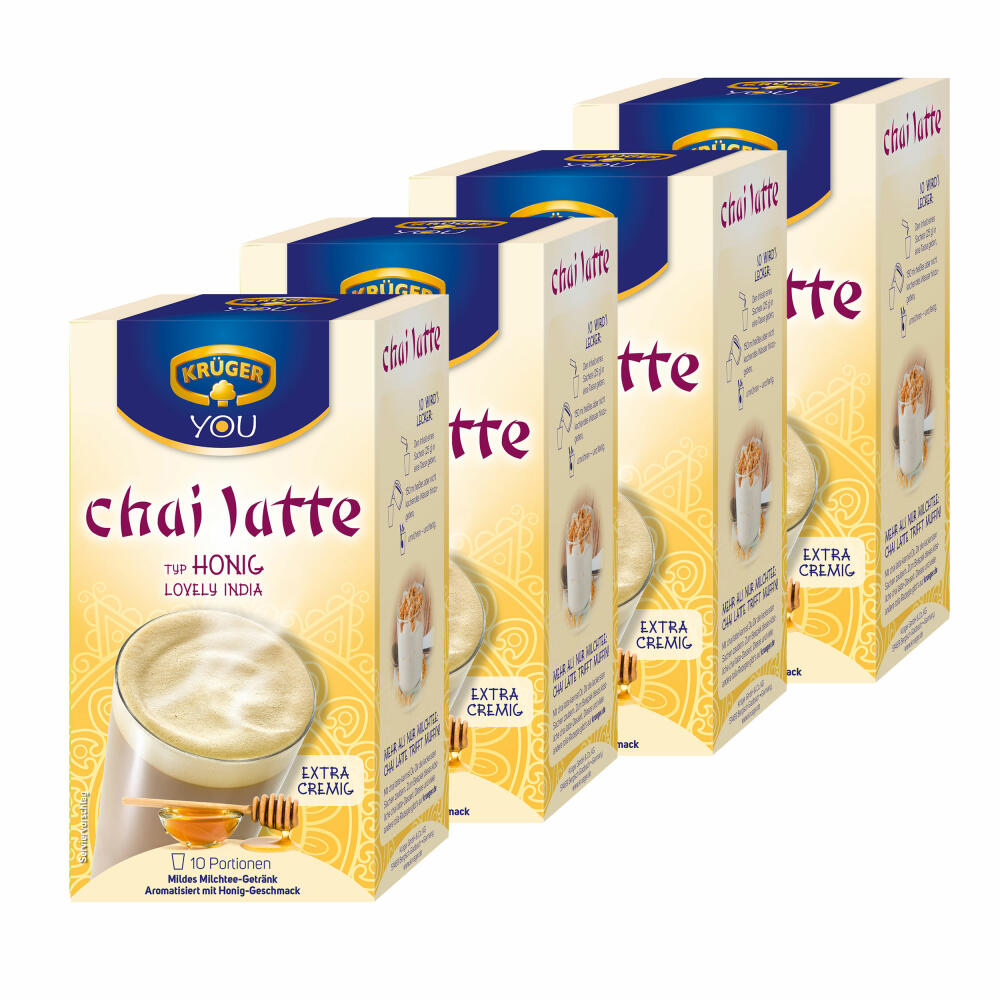 Krüger Chai Latte Lovely India, Honig-Geschmack, mildes Milchtee Getränk, 4er Pack, 4 x 10 Portionsbeutel