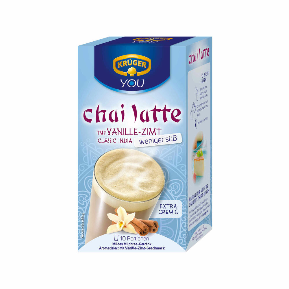 Krüger Chai Latte Classic India weniger süß, Vanille-Zimt, mildes Milchtee Getränk, 3er Pack, 3 x 10 Portionsbeutel
