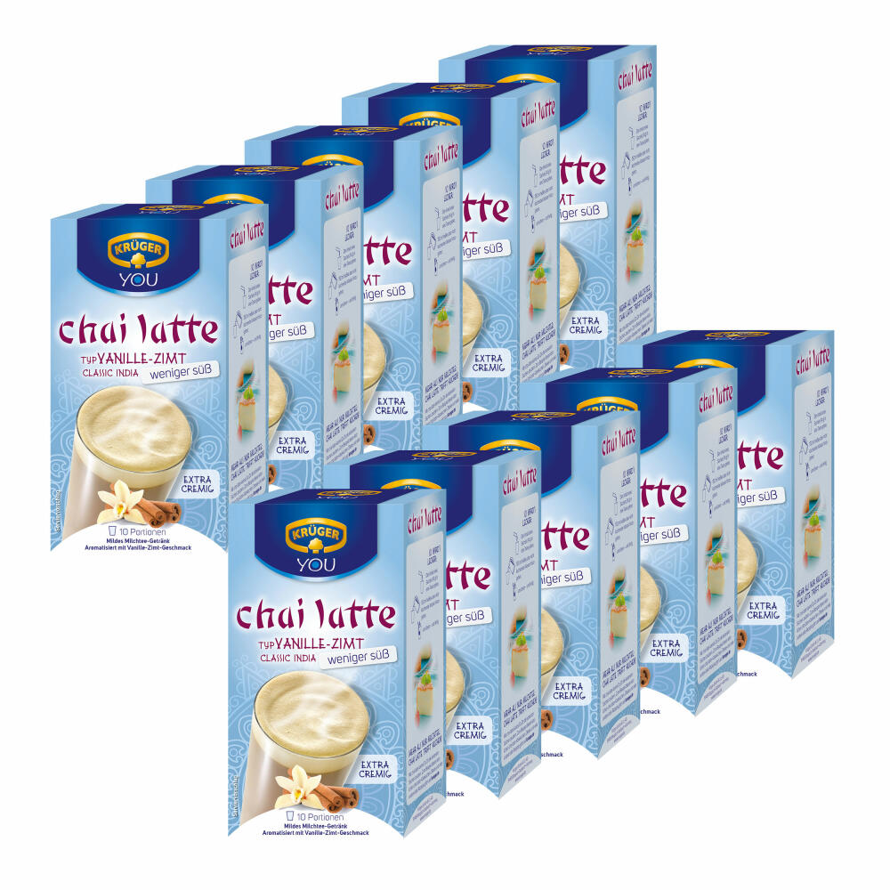 Krüger Chai Latte Classic India weniger süß, Vanille-Zimt, mildes Milchtee Getränk, 10er Pack, 10 x 10 Portionsbeutel