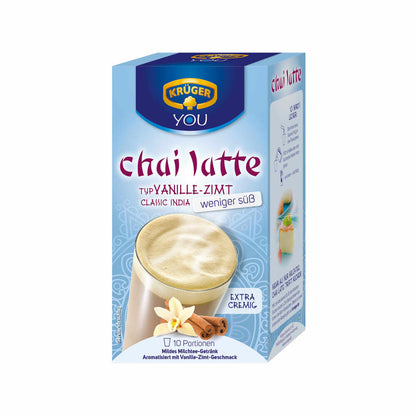 Krüger Chai Latte Classic India weniger süß, Vanille-Zimt, mildes Milchtee Getränk, 10er Pack, 10 x 10 Portionsbeutel