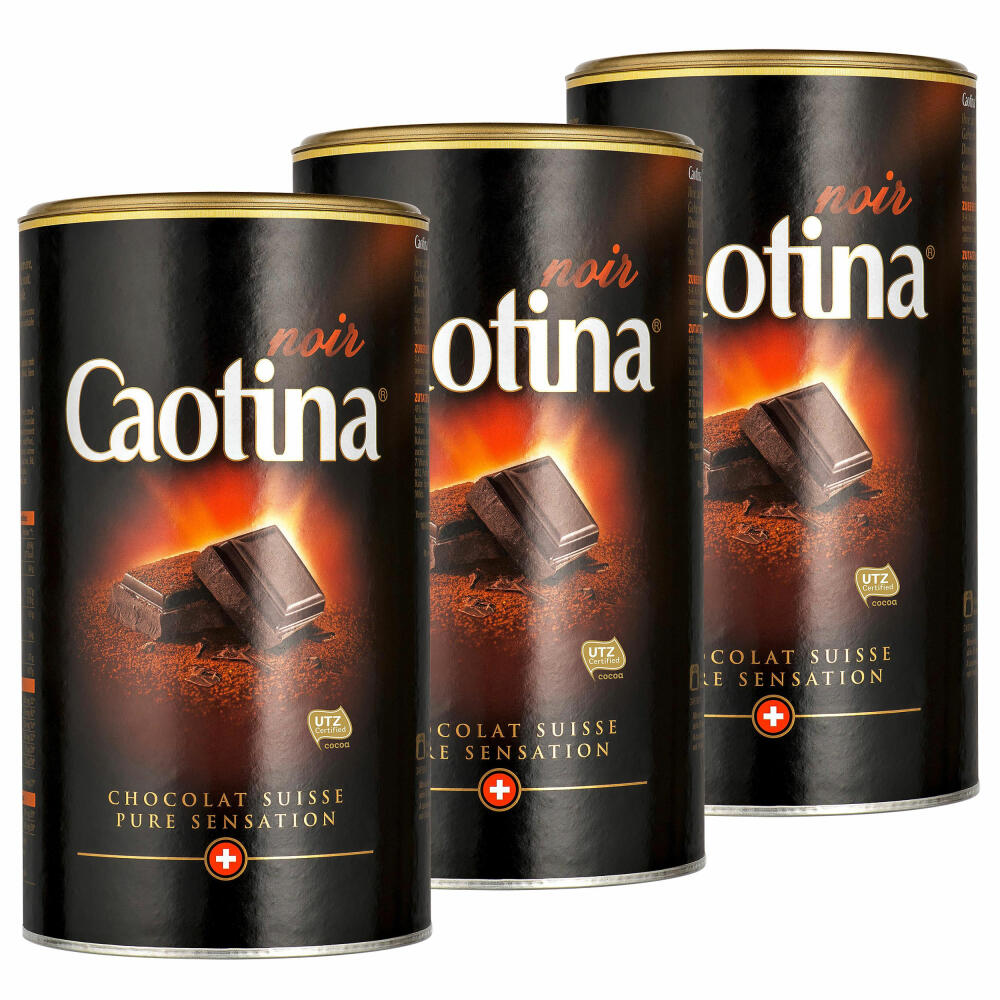 Caotina noir, Kakao Pulver mit dunkler Schweizer Schokolade, heiße Schokolade, Trinkschokolade, 3er Pack, 3 x 500g
